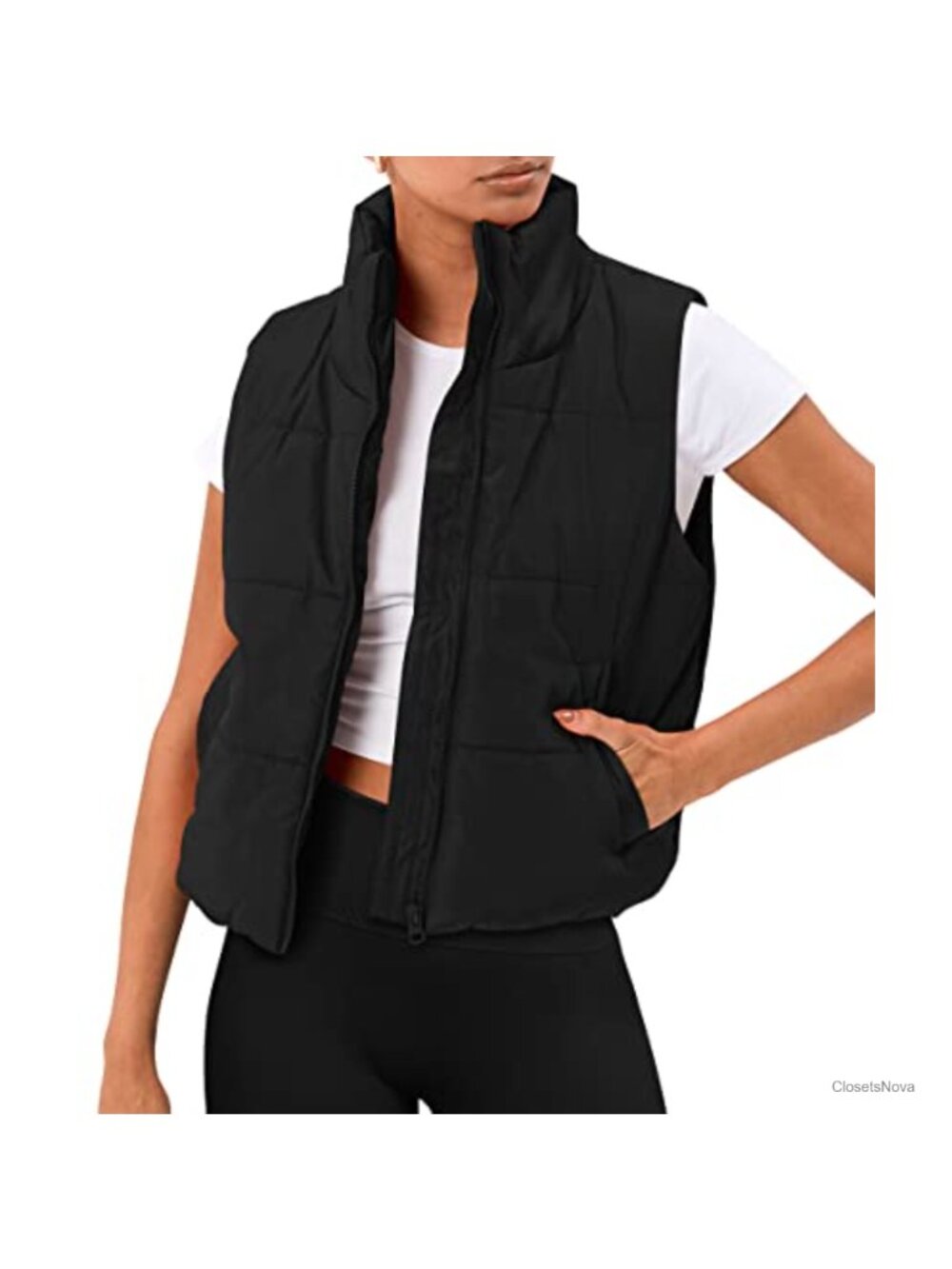Quilted Cropped Puffer Vest Lightweight Sleeveless Zip Fall Winter Layer